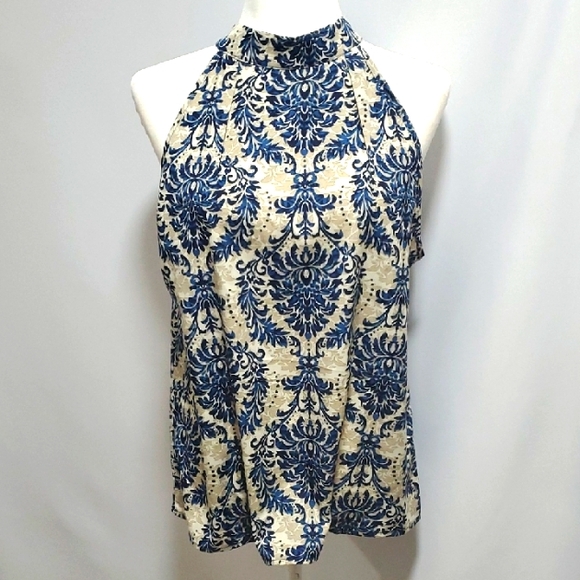unknown Tops - Elegant Blue and Cream Halter Top Size Large